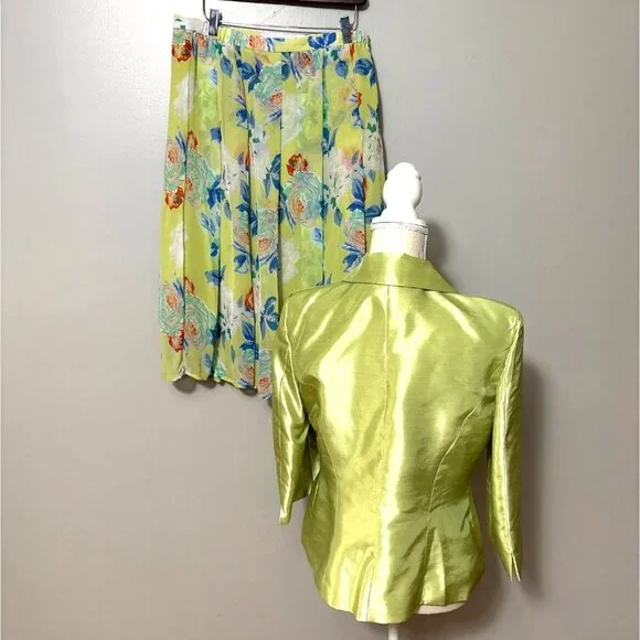 Vintage Madam X Lime Green Blazer & Floral Pleated Skirt Set M - Picture 2 of 9